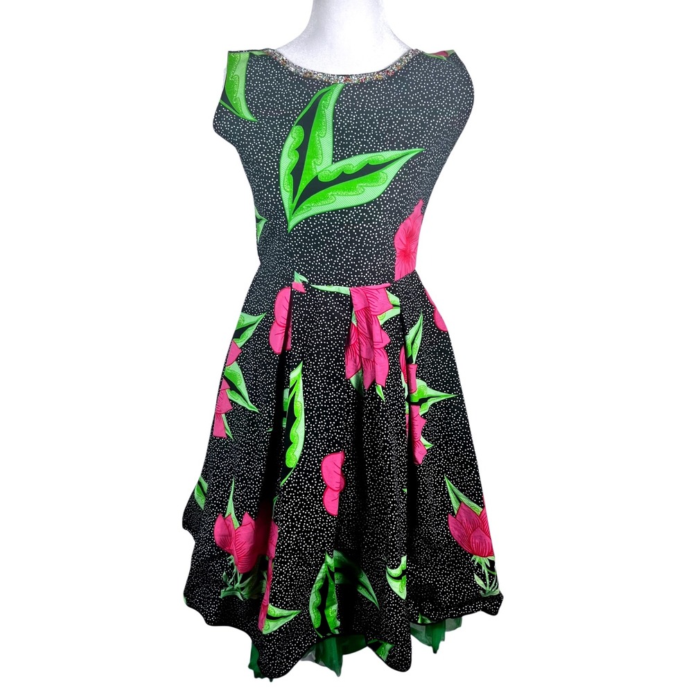 Homemade Sleeveless Fit and Flare Dress Bright Floral Beaded Tulle‎ Summer Party